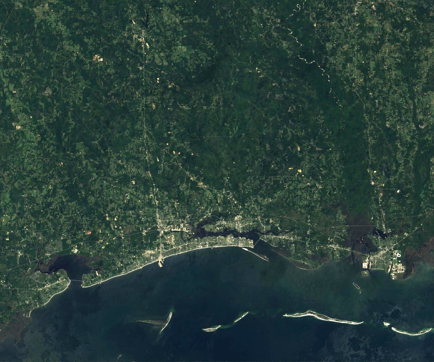 Satellite image of the Mississippi Gulf Coast from Waveland to Pascagoula, Wiggins inland, and the barrier islands